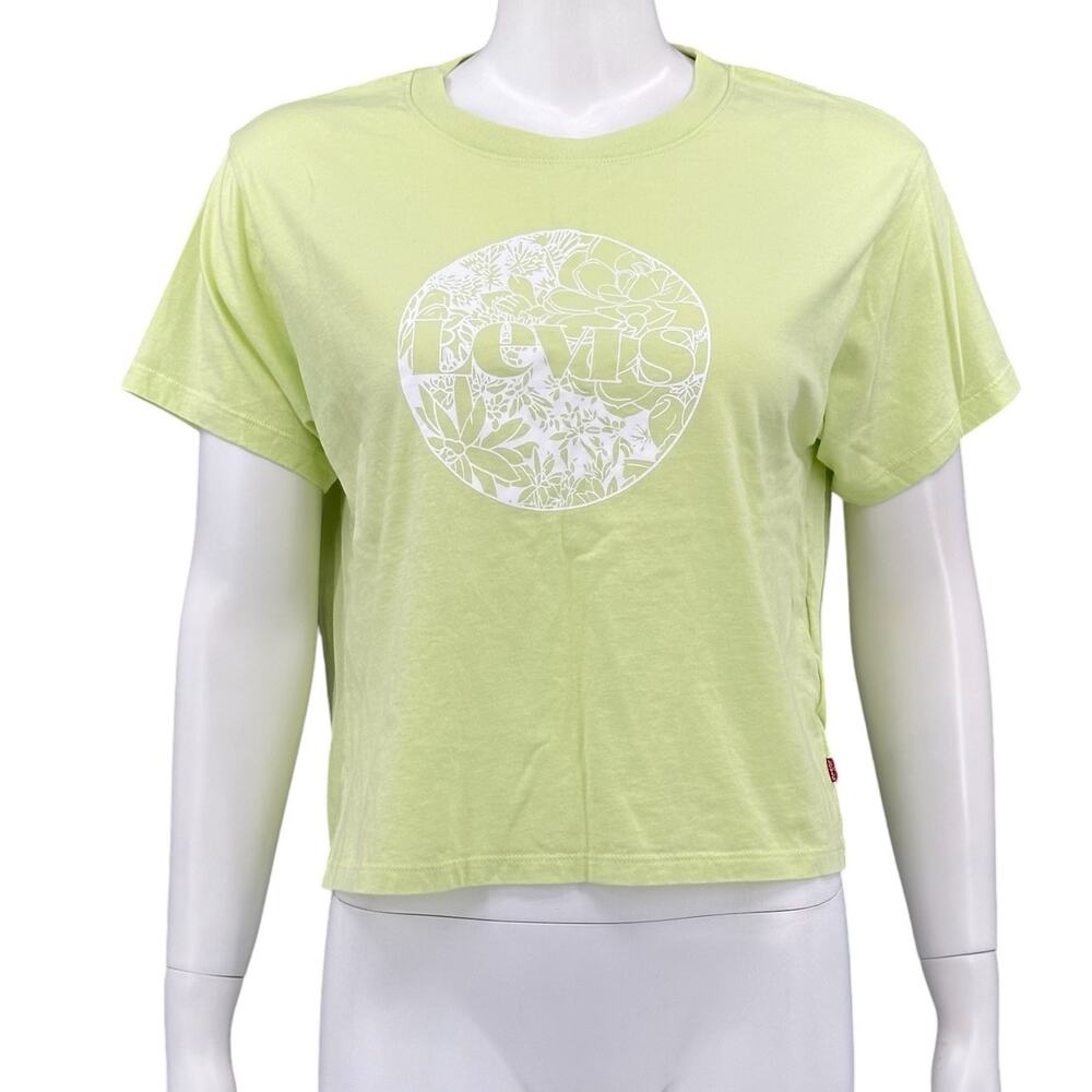 Levis Top Womens Small Green Cropped Tee Shirt Boxy 100% Cotton Summer Graphic